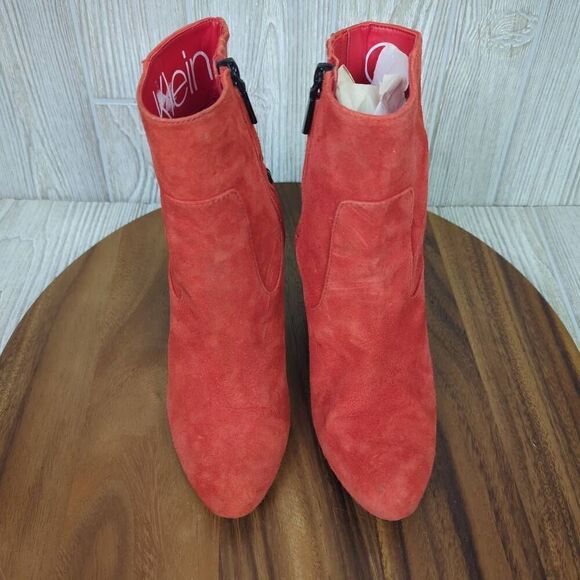 Calvin Klein Womens 8 Owena Suede Ankle Boots Red Chain Detail Zips High Heel - Picture 3 of 11